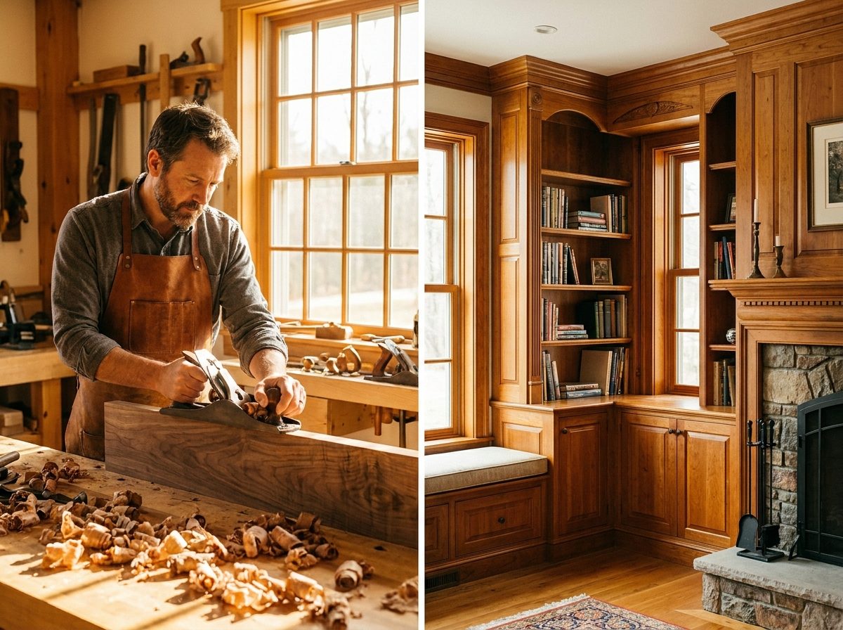 Master carpenter hand-planing an oak board in a workshop