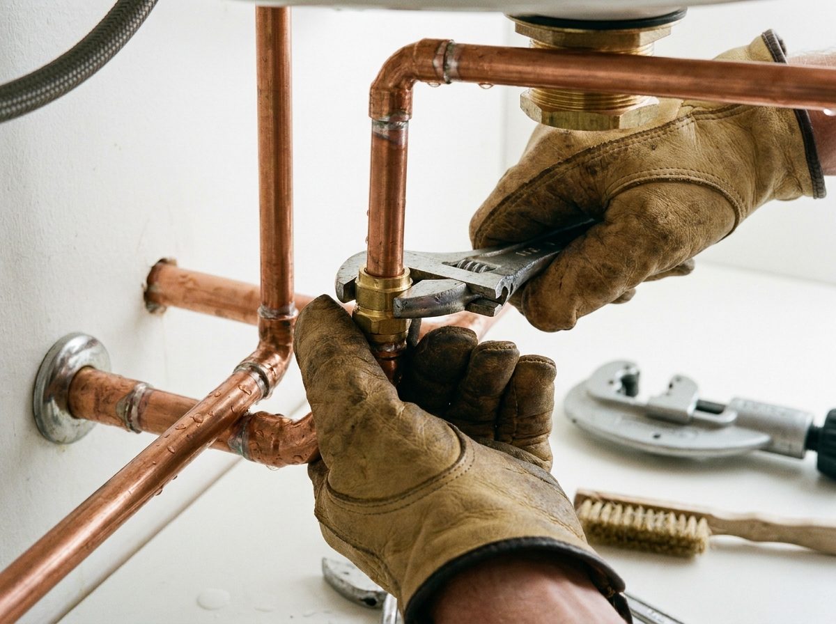 Professional plumber repairing copper pipes under a sink