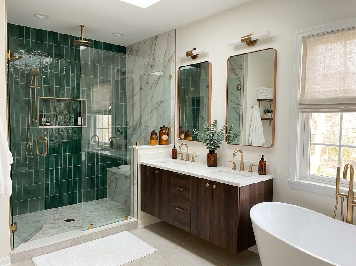 Luxurious remodeled bathroom with marble tile and copper fixtures