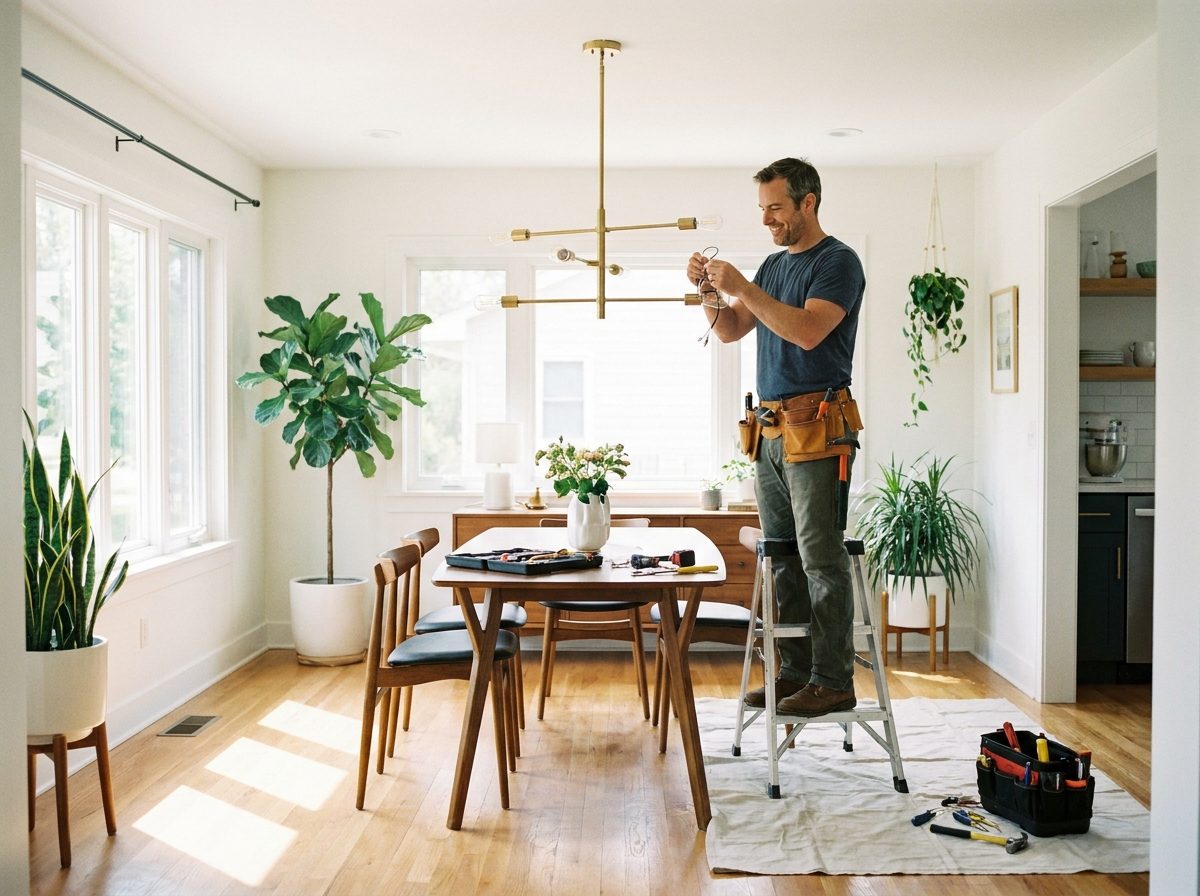 Handyman installing a modern light fixture in a bright home